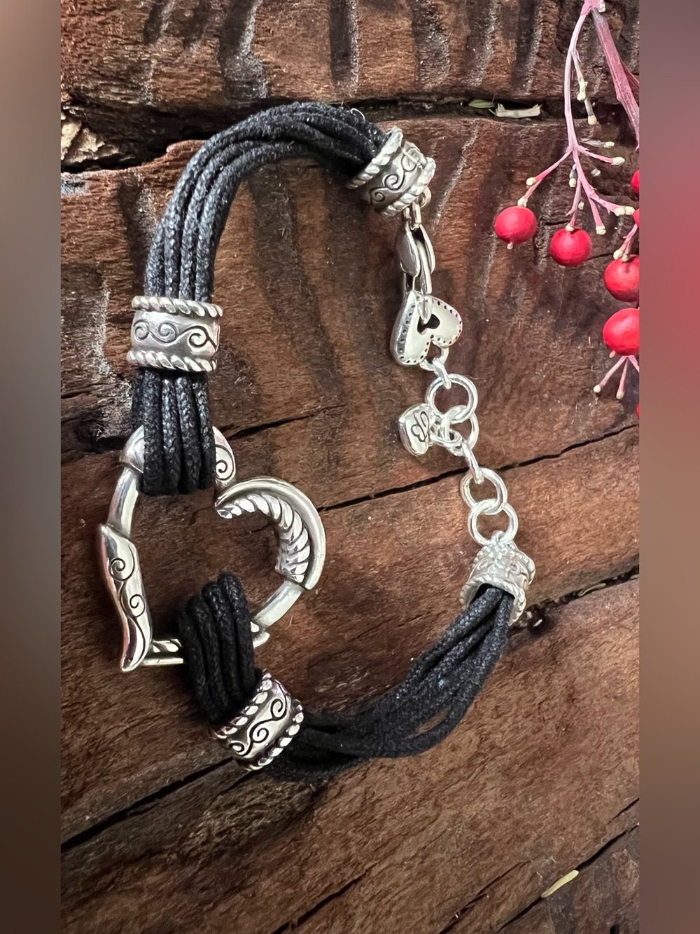 Brighton Black Multi-strand Cord Silver Plated Bracelet Heart Swirls Rope Boho